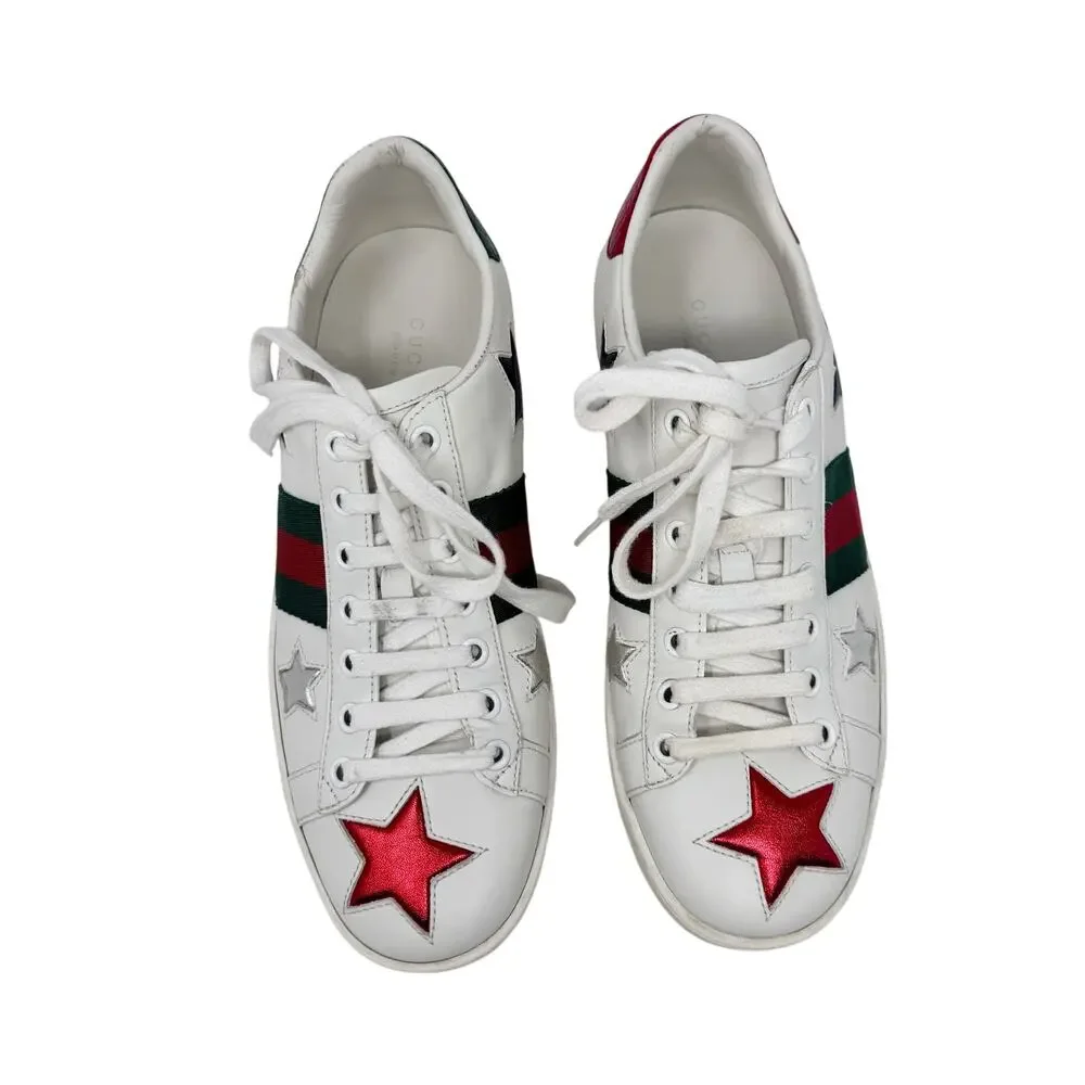 Gucci Ace Star Web Stripe Leather Sneakers 37.5 Metallic Python - Picture 2 of 11